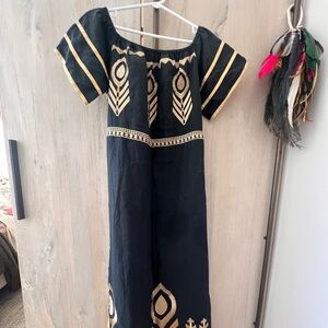 Greek archaic kori black and gold embroidered dress